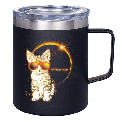 Cool Funny Total Solar Eclipse April 8 2024 Sunglasses Cat Kitten 12oz Stainless Steel Coffee Mug