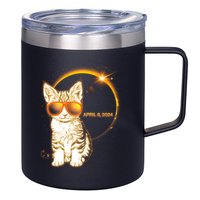 Cool Funny Total Solar Eclipse April 8 2024 Sunglasses Cat Kitten 12oz Stainless Steel Coffee Mug