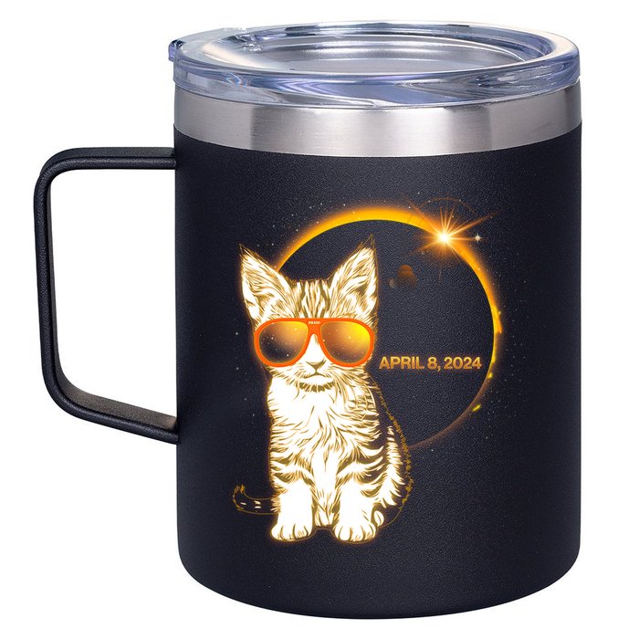 Cool Funny Total Solar Eclipse April 8 2024 Sunglasses Cat Kitten 12oz Stainless Steel Coffee Mug