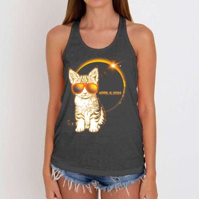 Cool Funny Total Solar Eclipse April 8 2024 Sunglasses Cat Kitten Women's Knotted Racerback Tank