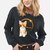 Cool Funny Total Solar Eclipse April 8 2024 Sunglasses Cat Kitten Cropped Pullover Crew