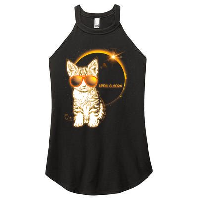 Cool Funny Total Solar Eclipse April 8 2024 Sunglasses Cat Kitten Women's Perfect Tri Rocker Tank