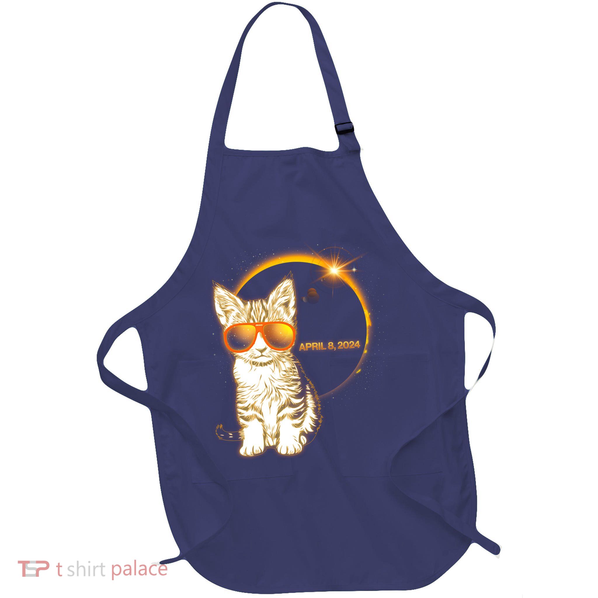 Cool Funny Total Solar Eclipse April 8 2024 Sunglasses Cat Kitten Full-Length Apron With Pockets
