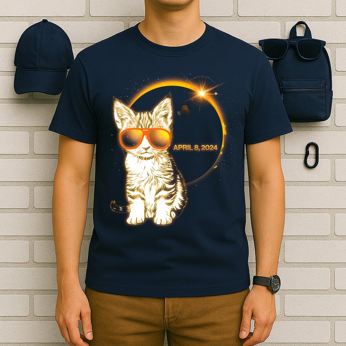 Cool Funny Total Solar Eclipse April 8 2024 Sunglasses Cat Kitten T-Shirt