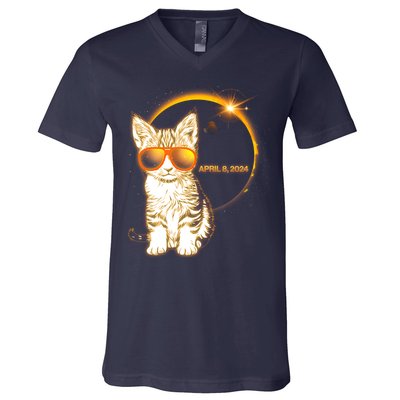 Cool Funny Total Solar Eclipse April 8 2024 Sunglasses Cat Kitten V-Neck T-Shirt