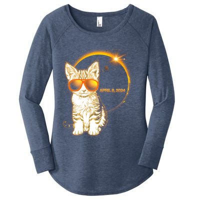 Cool Funny Total Solar Eclipse April 8 2024 Sunglasses Cat Kitten Women's Perfect Tri Tunic Long Sleeve Shirt