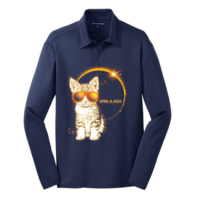 Cool Funny Total Solar Eclipse April 8 2024 Sunglasses Cat Kitten Silk Touch Performance Long Sleeve Polo