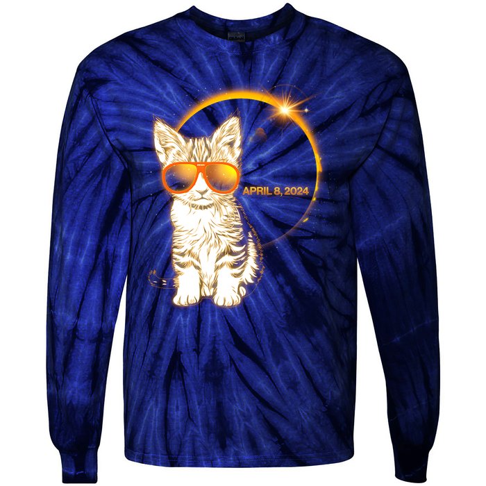 Cool Funny Total Solar Eclipse April 8 2024 Sunglasses Cat Kitten Tie-Dye Long Sleeve Shirt