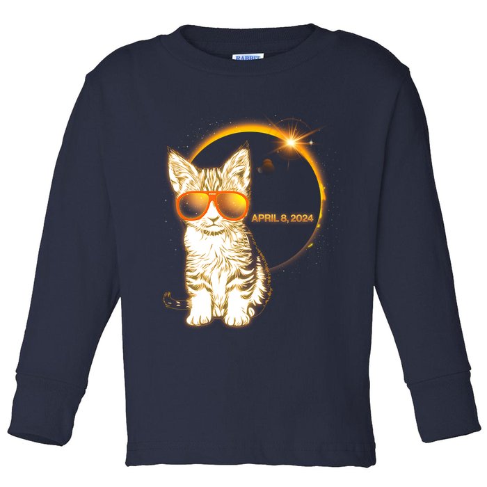 Cool Funny Total Solar Eclipse April 8 2024 Sunglasses Cat Kitten Toddler Long Sleeve Shirt