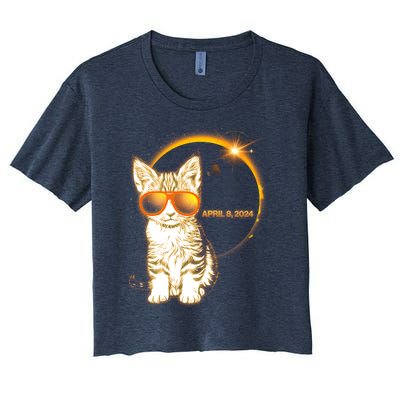 Cool Funny Total Solar Eclipse April 8 2024 Sunglasses Cat Kitten Women's Crop Top Tee