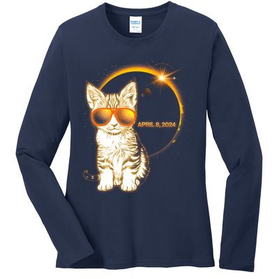 Cool Funny Total Solar Eclipse April 8 2024 Sunglasses Cat Kitten Ladies Long Sleeve Shirt