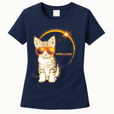 Cool Funny Total Solar Eclipse April 8 2024 Sunglasses Cat Kitten Womens T-Shirt