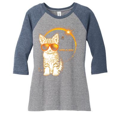 Cool Funny Total Solar Eclipse April 8 2024 Sunglasses Cat Kitten Women's Tri-Blend 3/4-Sleeve Raglan Shirt