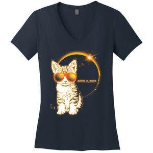 Cool Funny Total Solar Eclipse April 8 2024 Sunglasses Cat Kitten Women's V-Neck T-Shirt