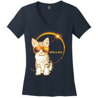 Cool Funny Total Solar Eclipse April 8 2024 Sunglasses Cat Kitten Women's V-Neck T-Shirt
