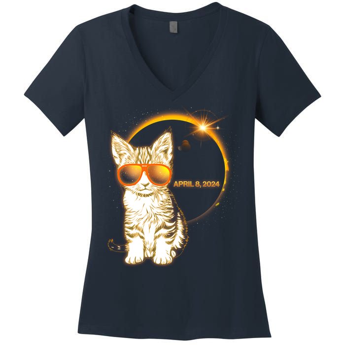 Cool Funny Total Solar Eclipse April 8 2024 Sunglasses Cat Kitten Women's V-Neck T-Shirt