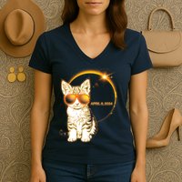 Cool Funny Total Solar Eclipse April 8 2024 Sunglasses Cat Kitten Women's V-Neck T-Shirt