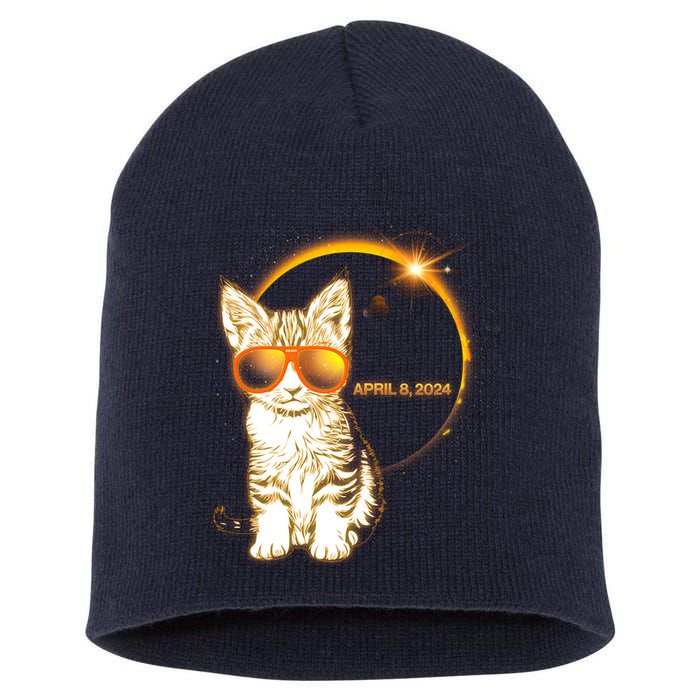 Cool Funny Total Solar Eclipse April 8 2024 Sunglasses Cat Kitten Short Acrylic Beanie