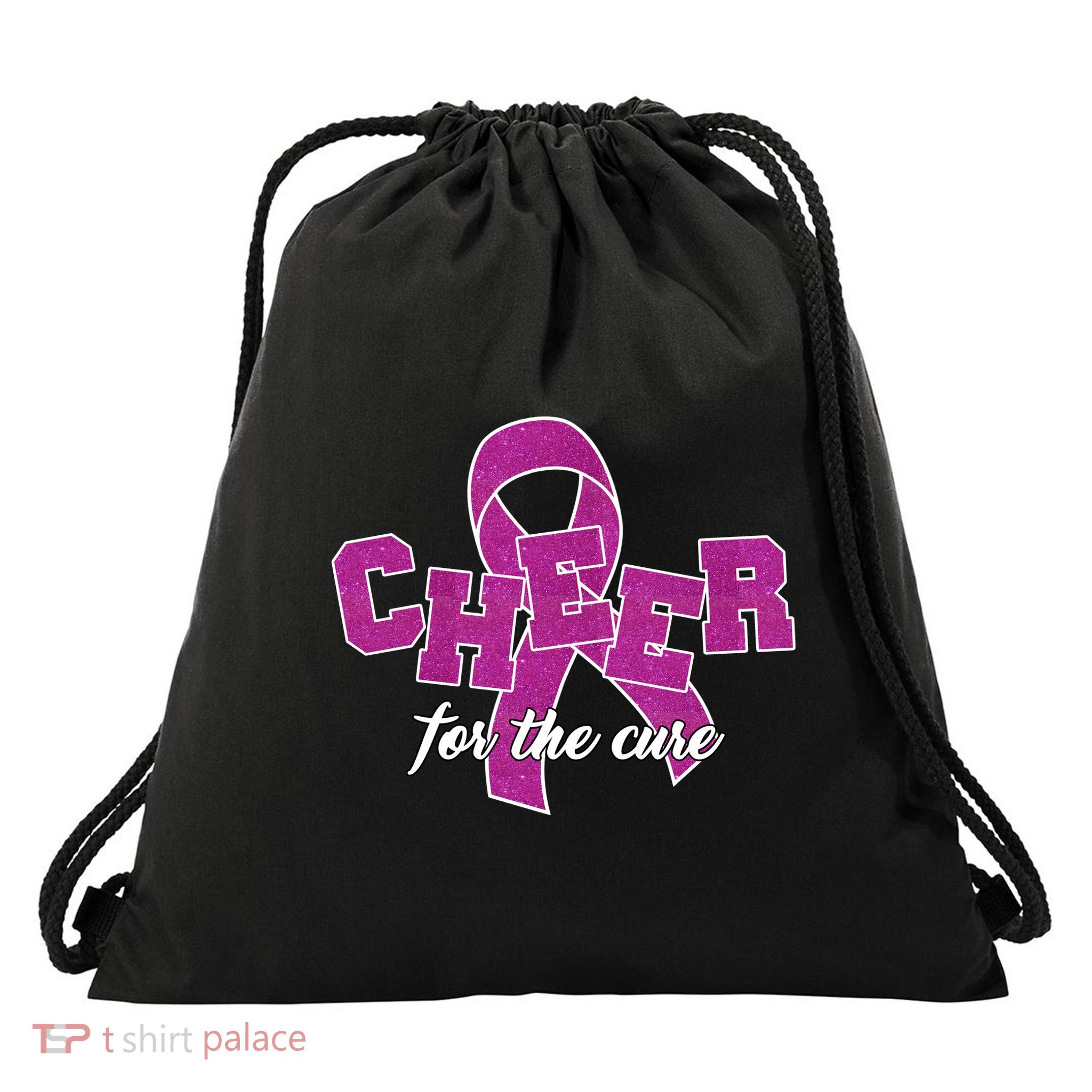 Cheer For The Cure Breast Cancer Awareness Ribbon Drawstring Bag