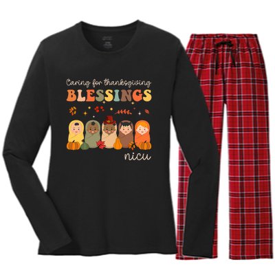 Caring For Thanksgiving Blessings Neonatal Nicu Nurse Fall Women's Long Sleeve Flannel Pajama Set 