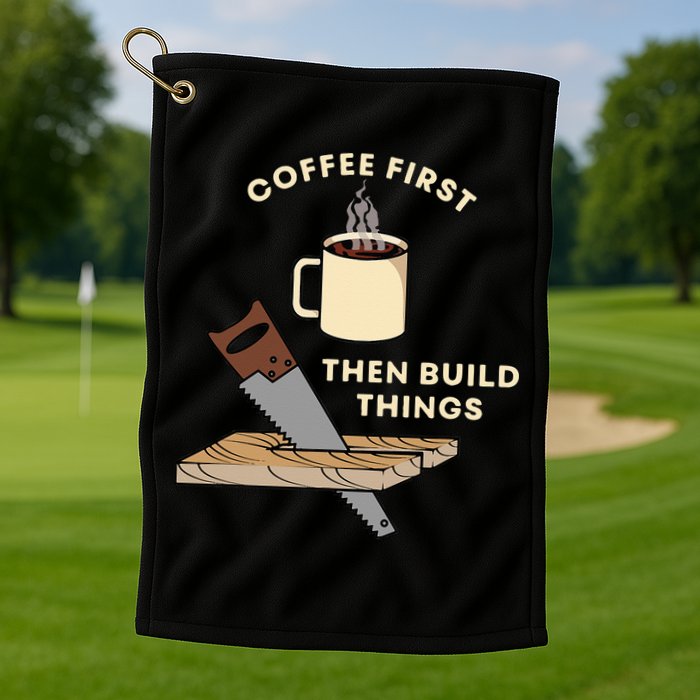 Coffee First Then Build Things Woodworking Carpenter Builder Golf Towel
