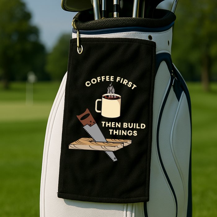 Coffee First Then Build Things Woodworking Carpenter Builder Golf Towel