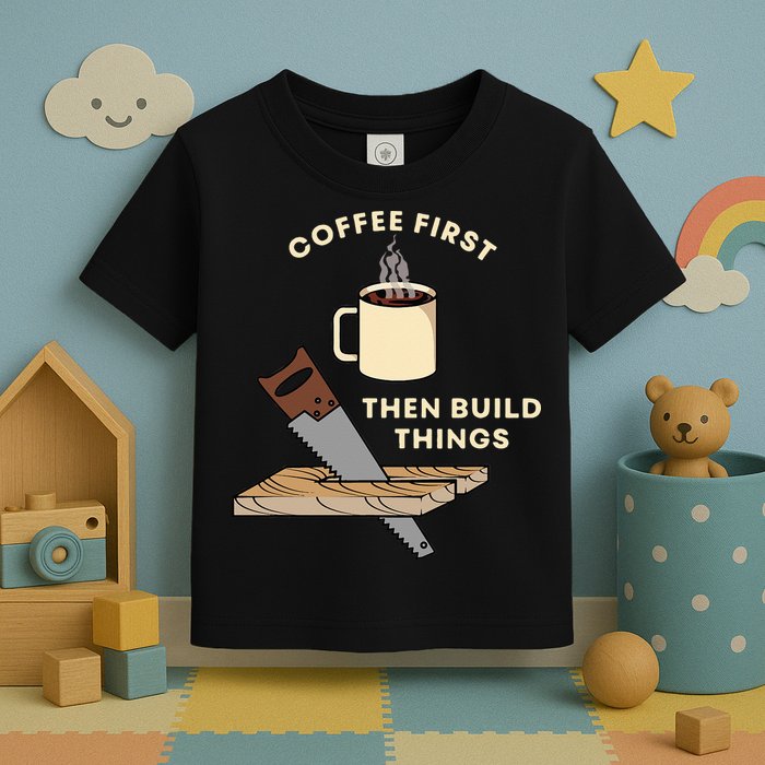 Coffee First Then Build Things Woodworking Carpenter Builder Toddler T-Shirt