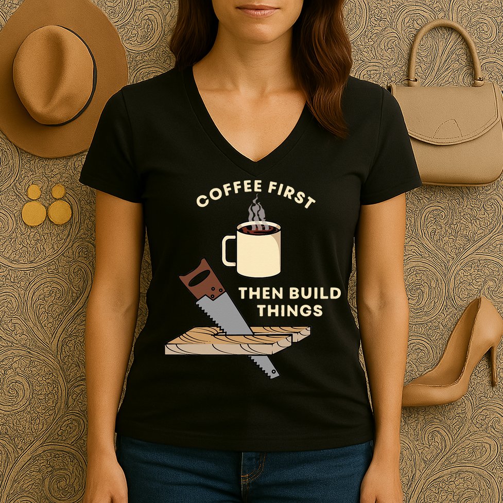 Coffee First Then Build Things Woodworking Carpenter Builder Women's V-Neck T-Shirt