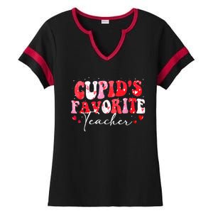 Cupid's Favorite Teacher Groovy Valentines Day Women Ladies Halftime Notch Neck Tee