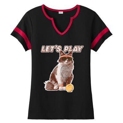 Cool Funny Tennis Cat Wearing Sunglasses Tennis Racket Ball Ladies Halftime Notch Neck Tee