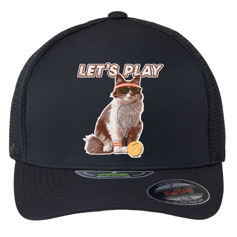 Cool Funny Tennis Cat Wearing Sunglasses Tennis Racket Ball Flexfit Unipanel Trucker Cap