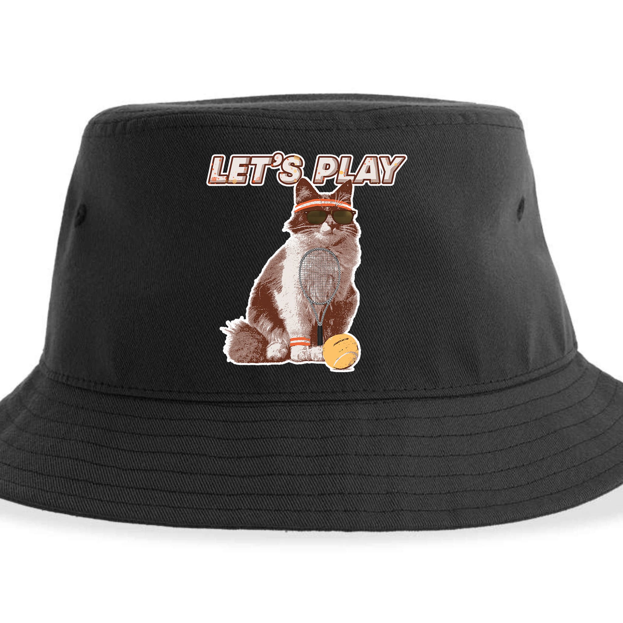 Cool Funny Tennis Cat Wearing Sunglasses Tennis Racket Ball Sustainable Bucket Hat