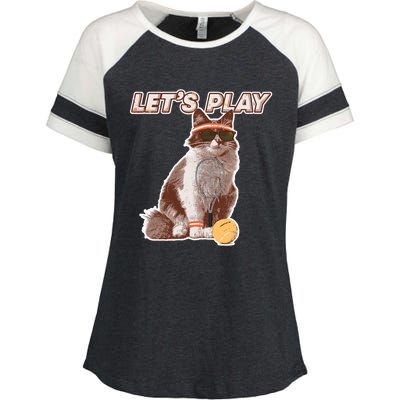 Cool Funny Tennis Cat Wearing Sunglasses Tennis Racket Ball Enza Ladies Jersey Colorblock Tee