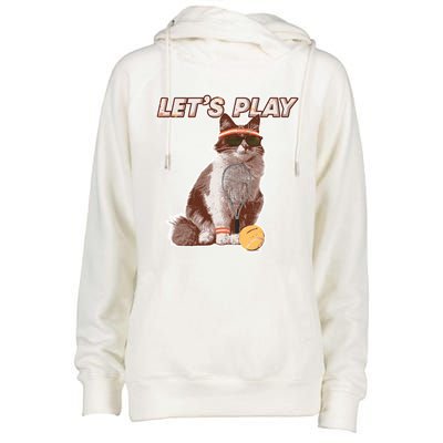 Cool Funny Tennis Cat Wearing Sunglasses Tennis Racket Ball Womens Funnel Neck Pullover Hood