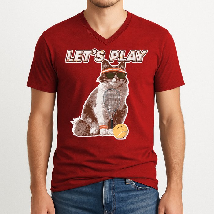 Cool Funny Tennis Cat Wearing Sunglasses Tennis Racket Ball V-Neck T-Shirt