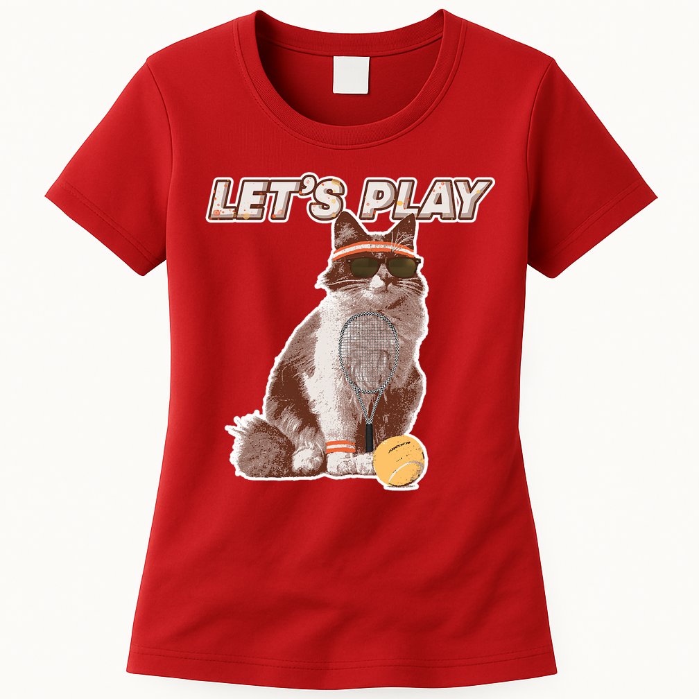 Cool Funny Tennis Cat Wearing Sunglasses Tennis Racket Ball Womens T-Shirt