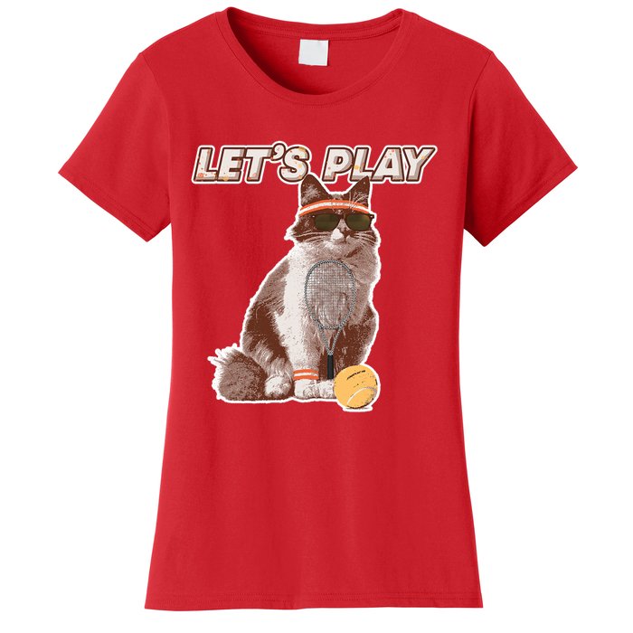 Cool Funny Tennis Cat Wearing Sunglasses Tennis Racket Ball Women's T-Shirt