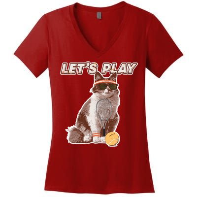Cool Funny Tennis Cat Wearing Sunglasses Tennis Racket Ball Women's V-Neck T-Shirt