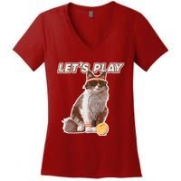 Cool Funny Tennis Cat Wearing Sunglasses Tennis Racket Ball Women's V-Neck T-Shirt