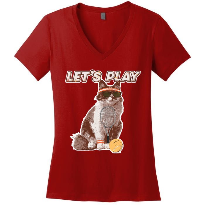 Cool Funny Tennis Cat Wearing Sunglasses Tennis Racket Ball Women's V-Neck T-Shirt