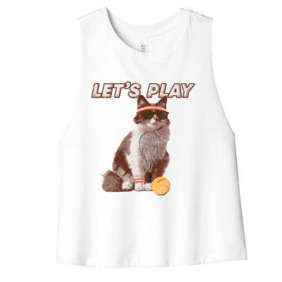 Cool Funny Tennis Cat Wearing Sunglasses Tennis Racket Ball Women's Racerback Cropped Tank