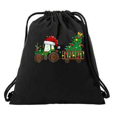 Christmas Farm Tractor Xmas Tree Lights Santa Hat Farmer Drawstring Bag