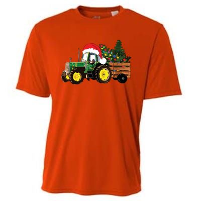 Christmas Farm Tractor Christmas Tree Lights Santa Farmer Cooling Performance Crew T-Shirt