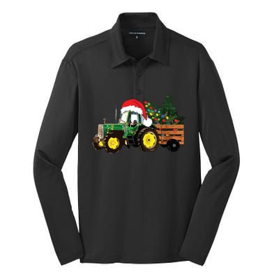 Christmas Farm Tractor Christmas Tree Lights Santa Farmer Silk Touch Performance Long Sleeve Polo