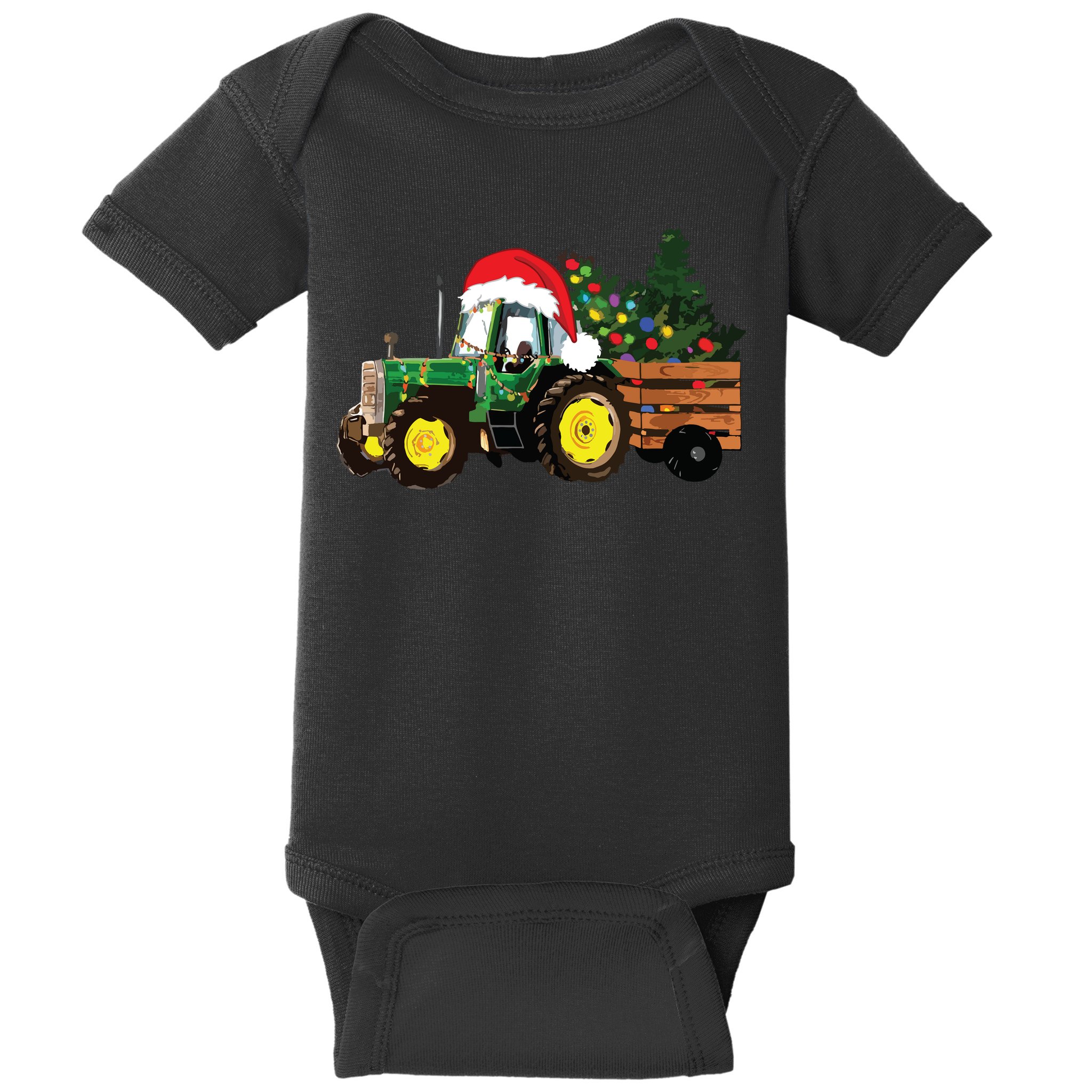 Christmas Farm Tractor Christmas Tree Lights Santa Farmer Baby Bodysuit