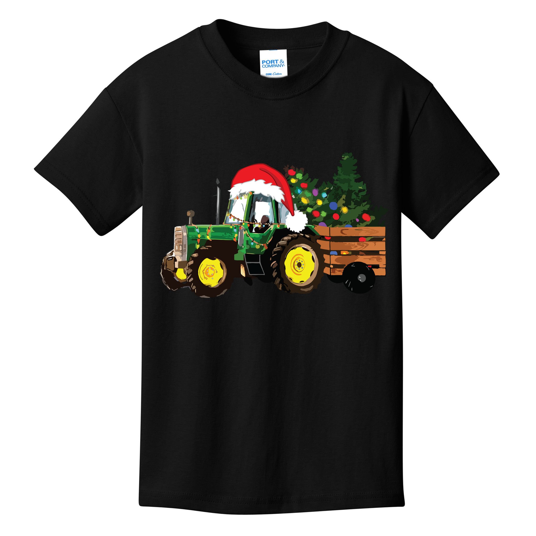 Christmas Farm Tractor Christmas Tree Lights Santa Farmer Kids T-Shirt
