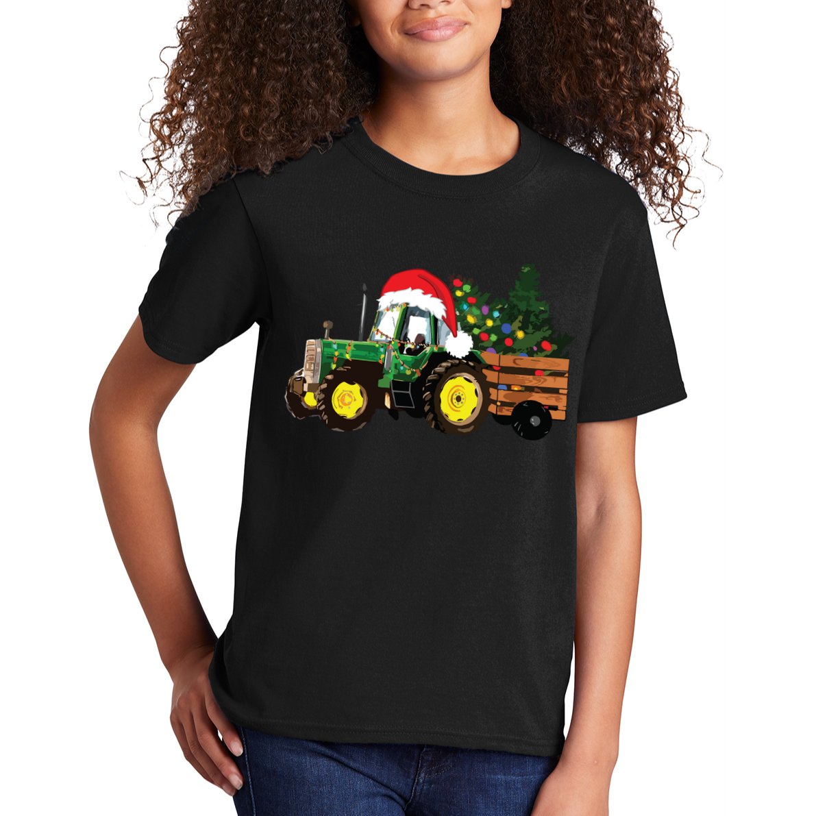 Christmas Farm Tractor Christmas Tree Lights Santa Farmer Kids T-Shirt