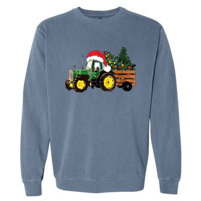 Christmas Farm Tractor Christmas Tree Lights Santa Farmer Garment-Dyed Sweatshirt