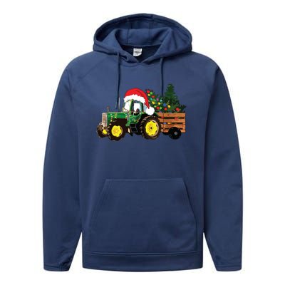 Christmas Farm Tractor Christmas Tree Lights Santa Farmer Performance Fleece Hoodie