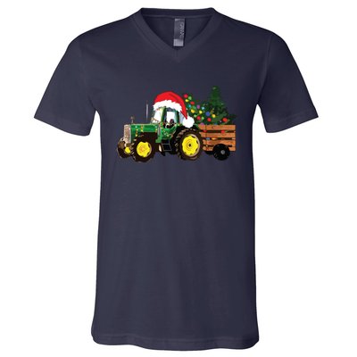 Christmas Farm Tractor Christmas Tree Lights Santa Farmer V-Neck T-Shirt